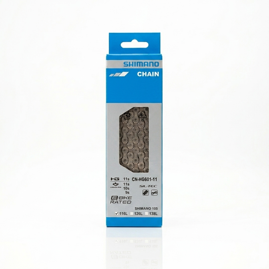 Front view of the vertical blue and silver retail packaging for a Shimano 105 CN-HG601-11 11-speed bicycle chain, showing the steel chain links through a geometric display cutout with a checkmark ticked on the 116L specification.