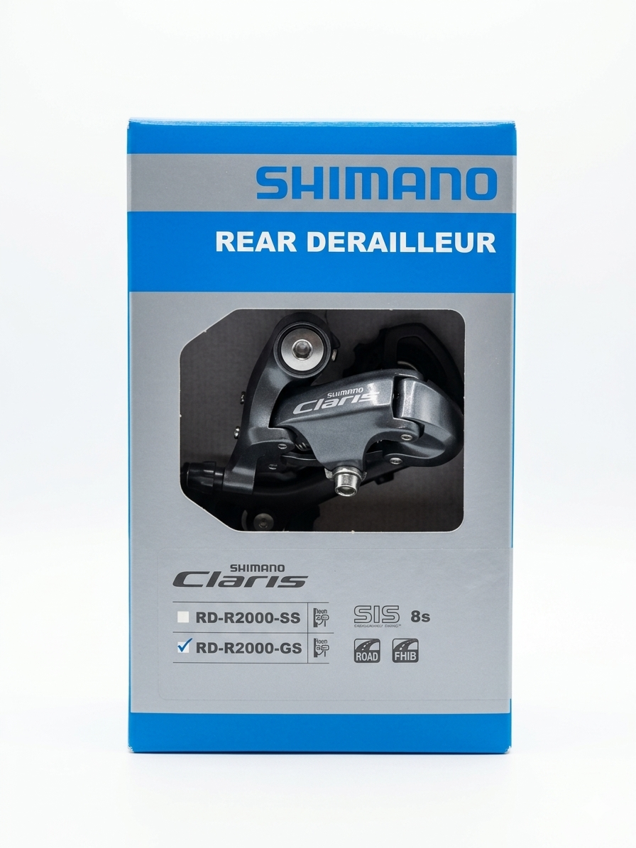 Shimano Claris RD-R2000-GS 8-speed medium cage rear derailleur showcased in its original blue and silver retail box on promaxsports.in