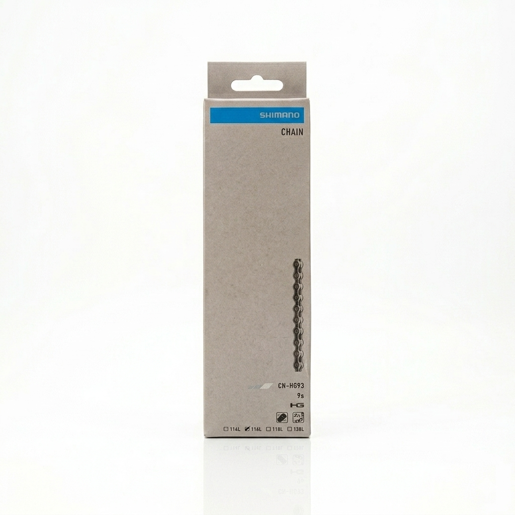 Front view of the cardboard-colored vertical retail box packaging for a Shimano CN-HG93 9-speed bicycle chain, with a checkbox marked next to the 116L link specification on the bottom left.