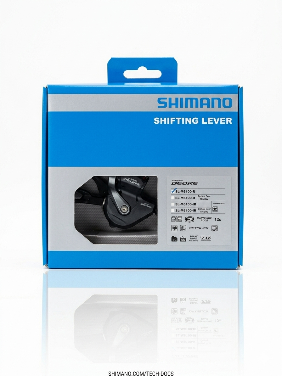 Front view of the blue and silver retail packaging for the Shimano Deore SL-M6100-R 12-speed right shifting lever, showing the shifter mechanism through the clear display window.