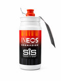 Science in Sport SiS x INEOS Grenadiers 550ml cycling water bottle in white, red, and black gradient design with high-flow orange pull valve spout.