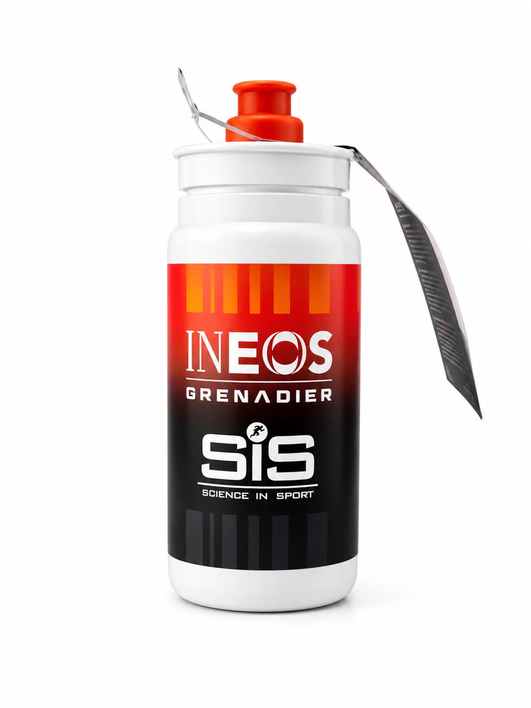 Science in Sport SiS x INEOS Grenadiers 550ml cycling water bottle in white, red, and black gradient design with high-flow orange pull valve spout.