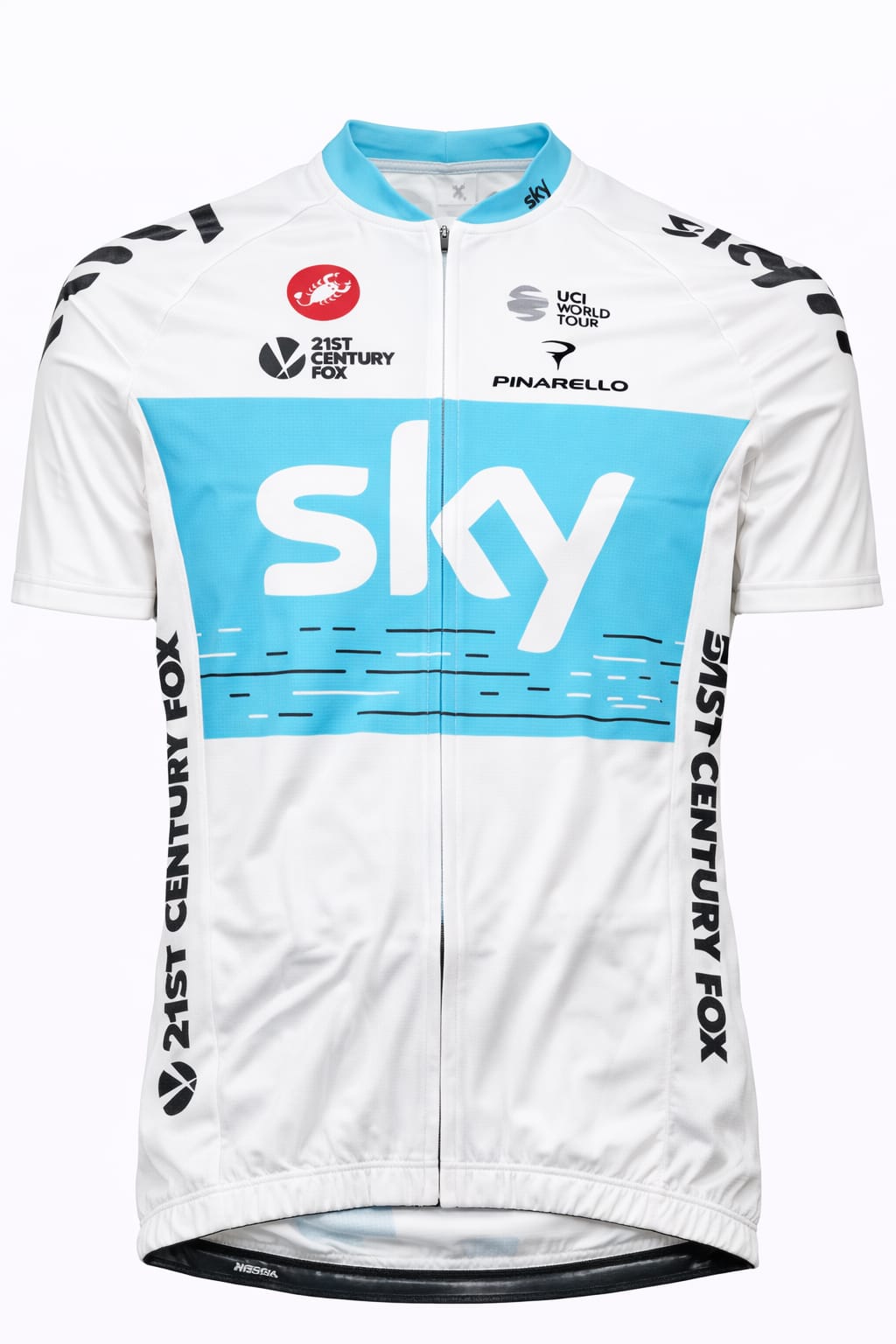 Front view of Team Sky replica short sleeve cycling jersey in dark navy and ocean blue by Castelli