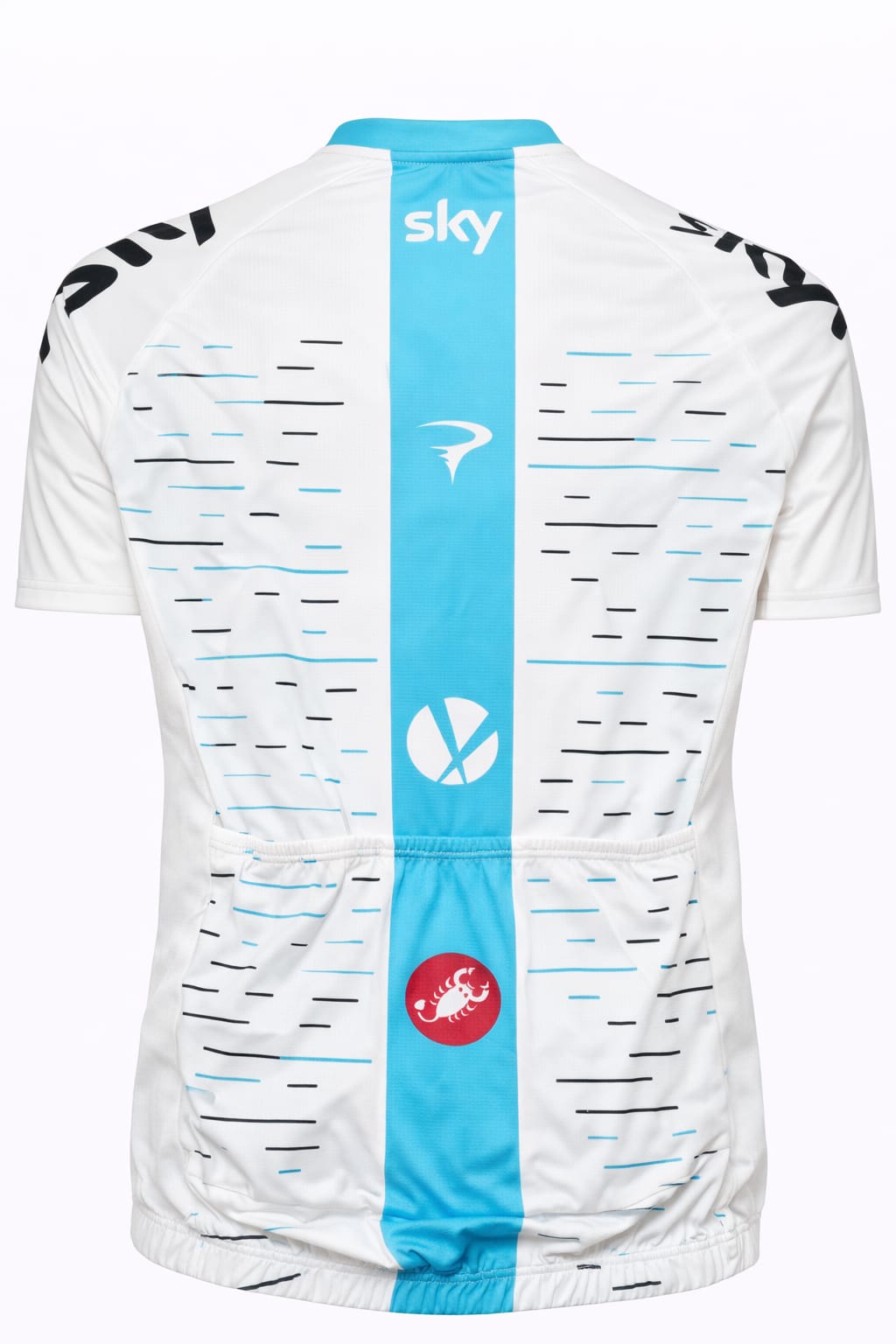 Back view of Team Sky cycling jersey showing the white vertical line detail and triple rear storage pockets
