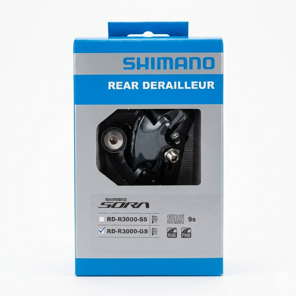Shimano Sora RD-R3000-GS 9-speed medium cage rear derailleur shown in its original blue and grey Shimano retail box, with the "GS" option checked on the label.