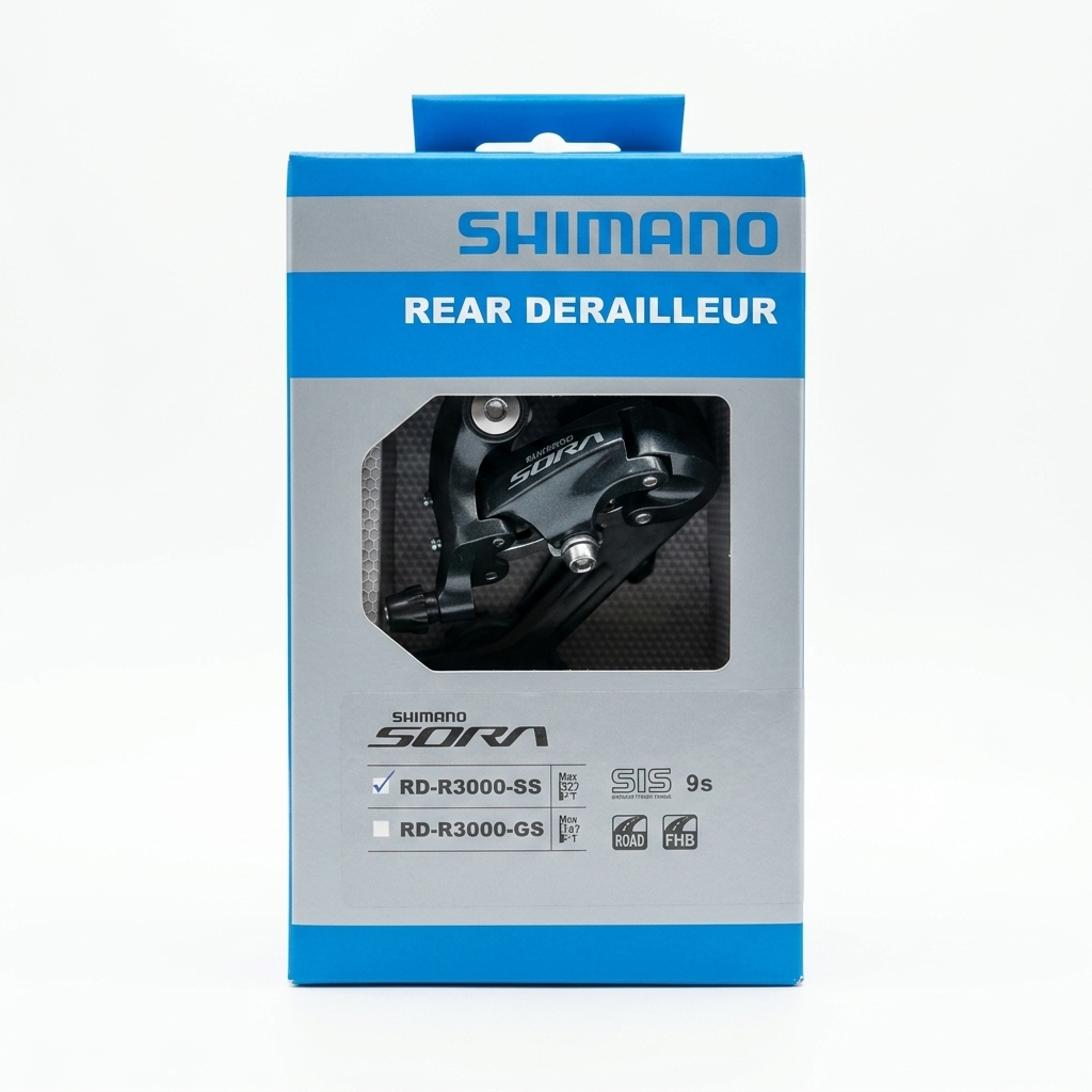 Shimano Sora RD-R3000-SS 9-speed short cage rear derailleur inside its blue and grey original Shimano retail packaging box.