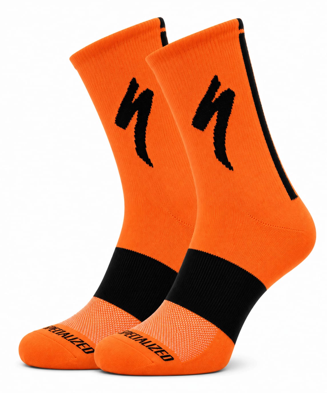 A pair of SPECIALIZED brand crew cycling socks in vibrant safety orange with a black midfoot block and the iconic black lightning bolt logo on the upper cuff, displayed upright against a clean white background