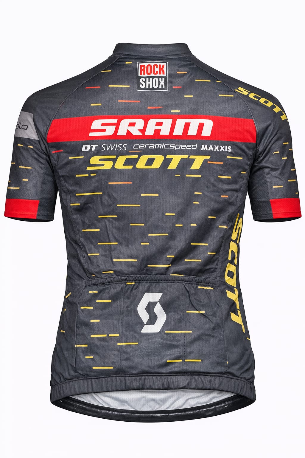 Back view of a short sleeve cycling jersey showing three rear pockets, a white Scott logo, and a RockShox logo on the upper collar.