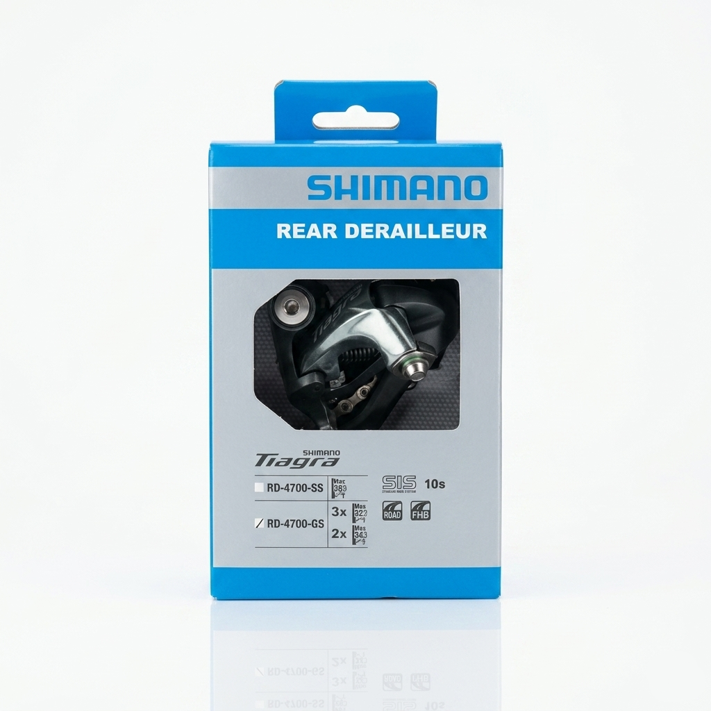 Shimano Tiagra RD-4700-GS 10-speed medium cage rear derailleur in its original blue and grey retail packaging.