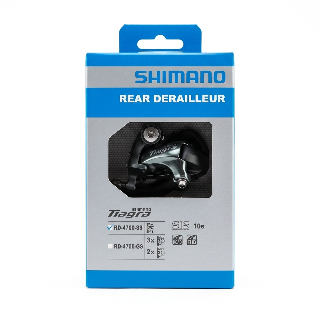 Shimano Tiagra RD-4700-SS 10-speed short cage rear derailleur inside its blue and silver retail packaging box, with the "SS" model checked on the front label.