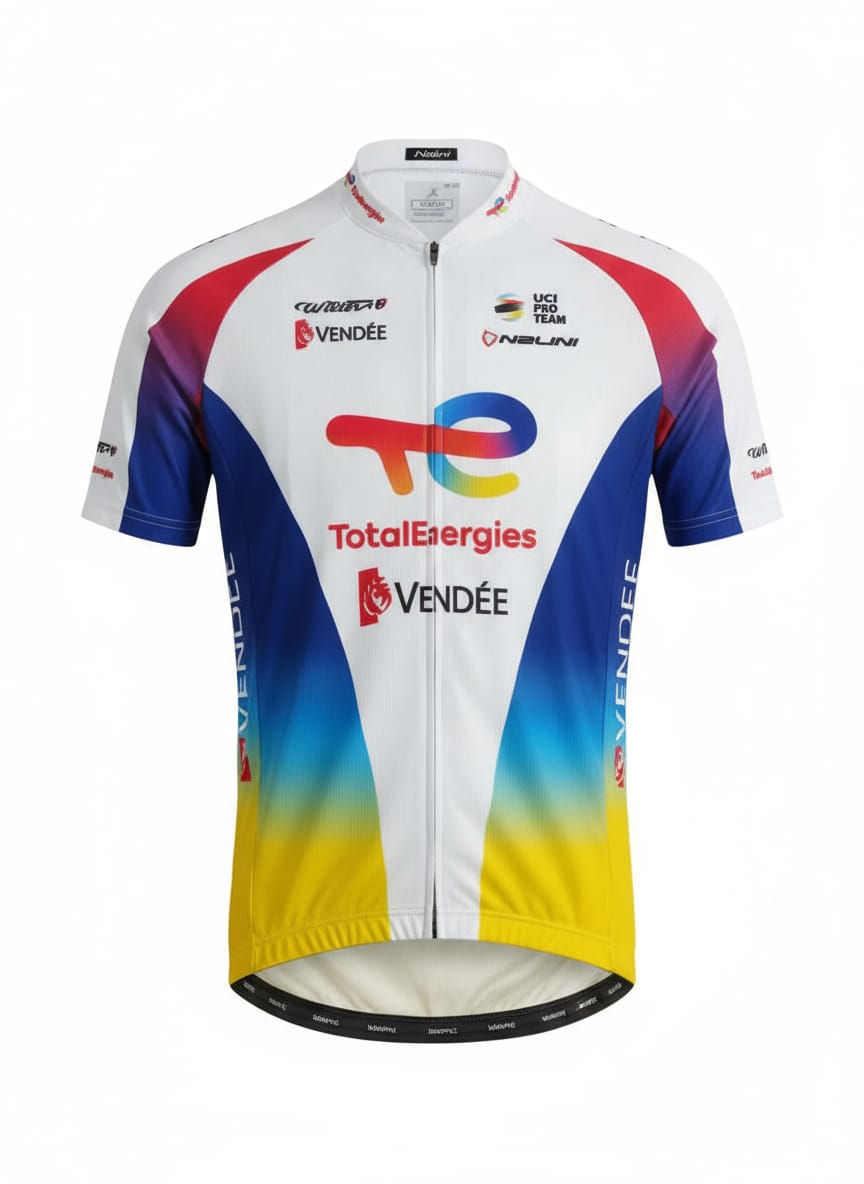 Front studio view of the white Team TotalEnergies short-sleeve cycling jersey, showcasing vibrant blue and yellow side gradients with prominent TotalEnergies and Vendée sponsor logos.