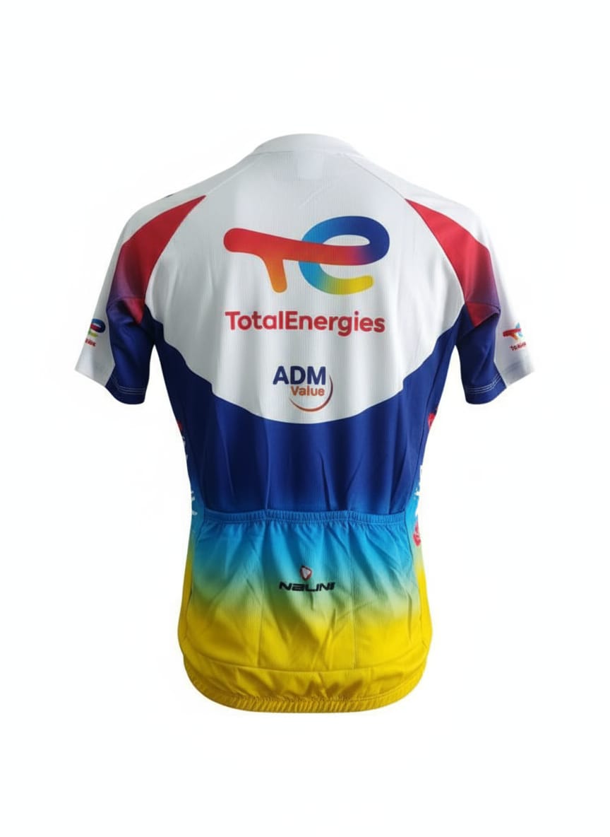 Rear studio view of the white Team TotalEnergies cycling jersey, highlighting the oversized multi-colored team logo, ADM Value graphics, and three lower elastic utility pockets.