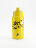 Elite Fly Tour de France official edition cycling water bottle in vibrant leader's jersey yellow featuring the black cursive race logo and a matching yellow push-pull nozzle cap.