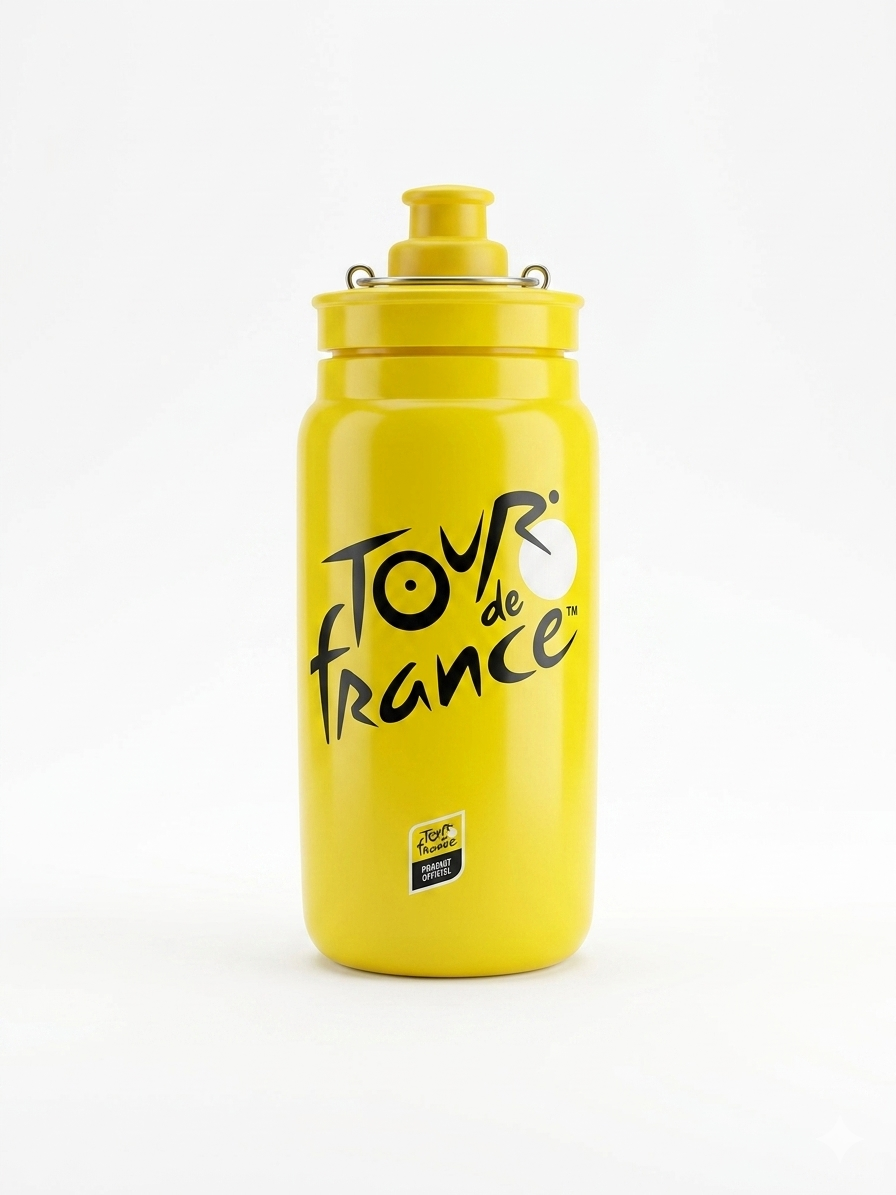 Elite Fly Tour de France official edition cycling water bottle in vibrant leader's jersey yellow featuring the black cursive race logo and a matching yellow push-pull nozzle cap.
