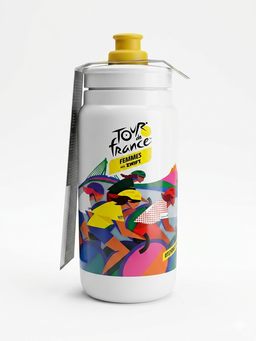 Elite Fly Tour de France Femmes avec Zwift special edition cycling water bottle in white featuring multi-colored artistic race graphics and a bright yellow nozzle cap