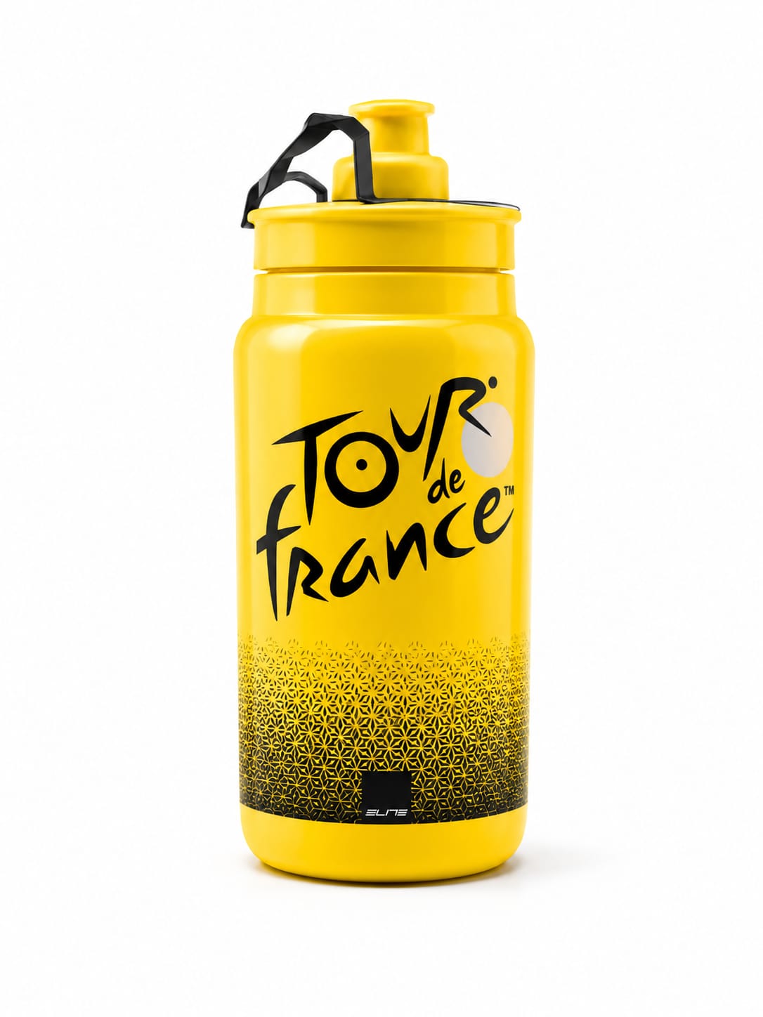 Elite Fly official Tour de France 550ml cycling water bottle in vibrant yellow, featuring the black Tour de France logo, geometric lower pattern, and a black protective valve cap.