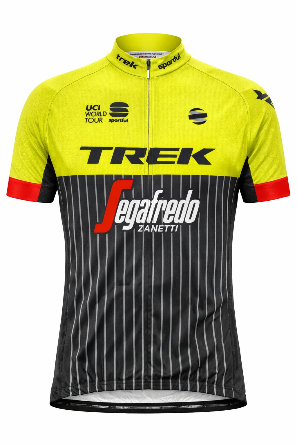 Front view of a men's short sleeve cycling jersey featuring a neon yellow top, a black body with vertical white pinstripes, and a red sleeve band.