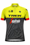 Front view of a men's short sleeve cycling jersey featuring a neon yellow top, a black body with vertical white pinstripes, and a red sleeve band.
