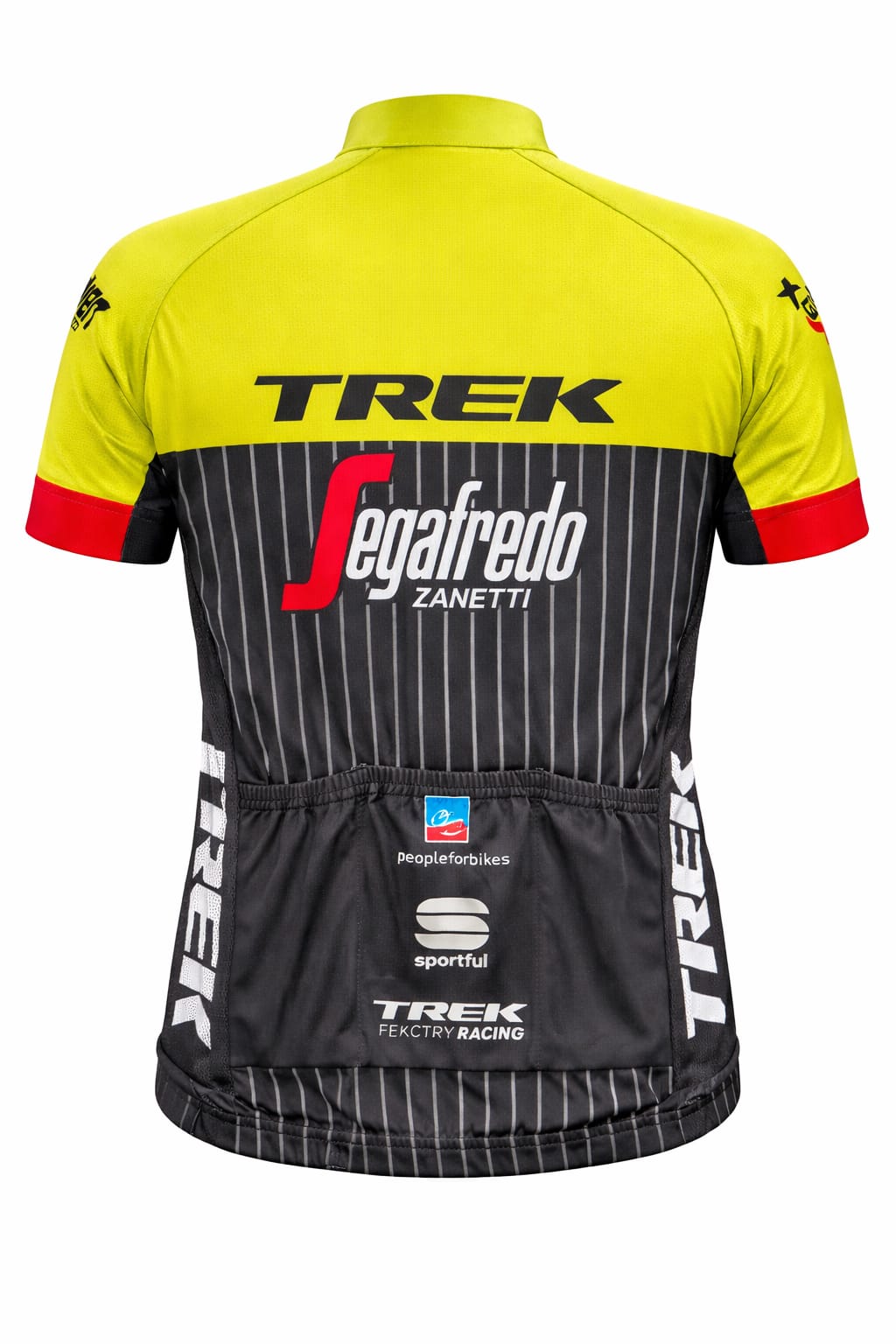 Back view of a neon yellow and black pinstripe cycling jersey showing three rear pockets with team logos and white branding along the side panels.