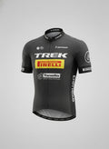 Front perspective view of Trek Pirelli short sleeve cycling jersey in matte black and charcoal grey with Bontrager logo