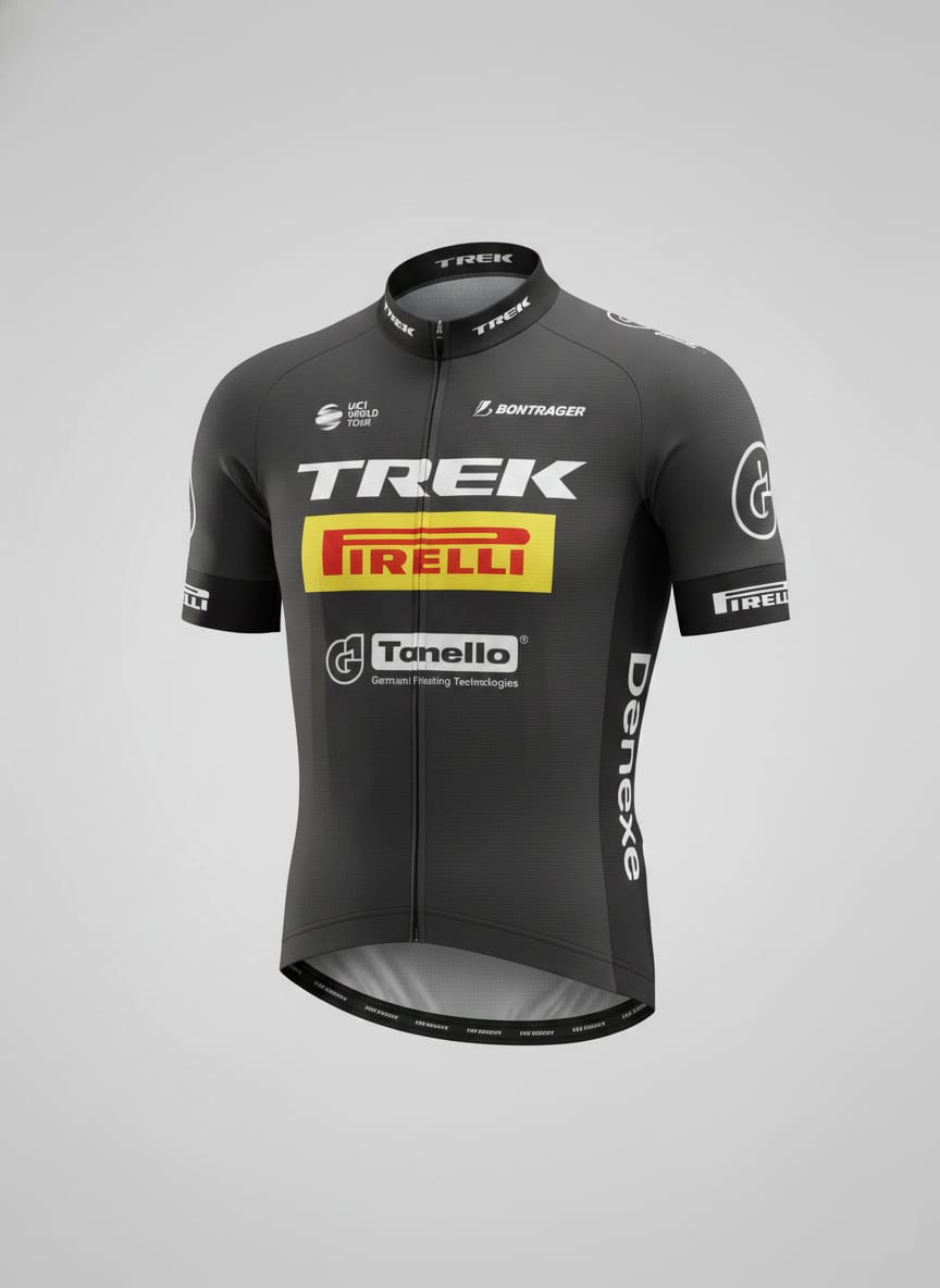 Front perspective view of Trek Pirelli short sleeve cycling jersey in matte black and charcoal grey with Bontrager logo