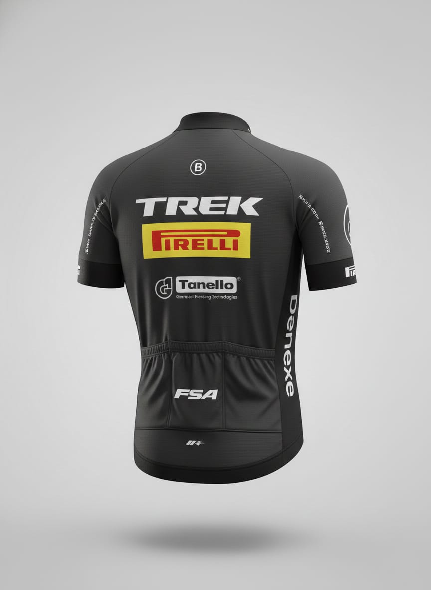 Back view of Trek Pirelli cycling jersey showing large yellow Pirelli logo, Tanello branding, and triple storage pockets