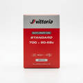 Front view of the red and silver retail box packaging for a Vittoria Standard Butyl inner tube, showing specifications for size 700 x 20-28c and a 48mm removable Presta valve core.