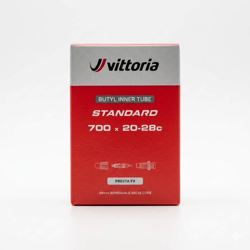 Front view of the red and silver retail box packaging for a Vittoria Standard Butyl inner tube, showing specifications for size 700 x 20-28c and a 48mm removable Presta valve core.
