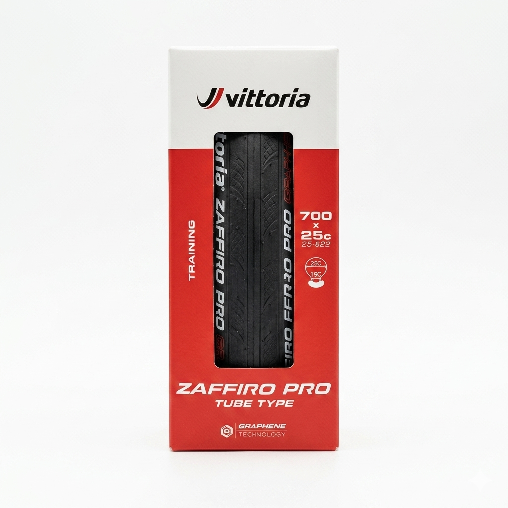 Front view of the white and red retail box packaging for a Vittoria Zaffiro Pro folding road bike tire, showcasing the black rubber tread pattern through the display cutout and listing the 700 x 25c tube-type specification.