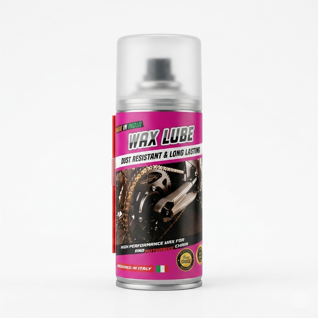 High-performance Wax Lube Spray aerosol can in pink and black packaging with a motorbike chain graphic, featuring Made in India and Designed in Italy badges
