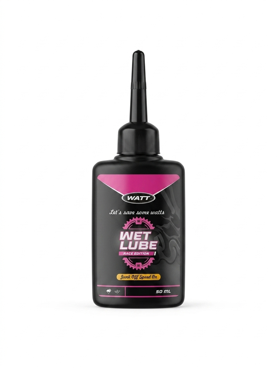 A 50ml black bottle of WATT Wet Lube Race Edition featuring a vibrant pink and black label with a gear design, a long precision applicator nozzle, standing upright against a clean white background.